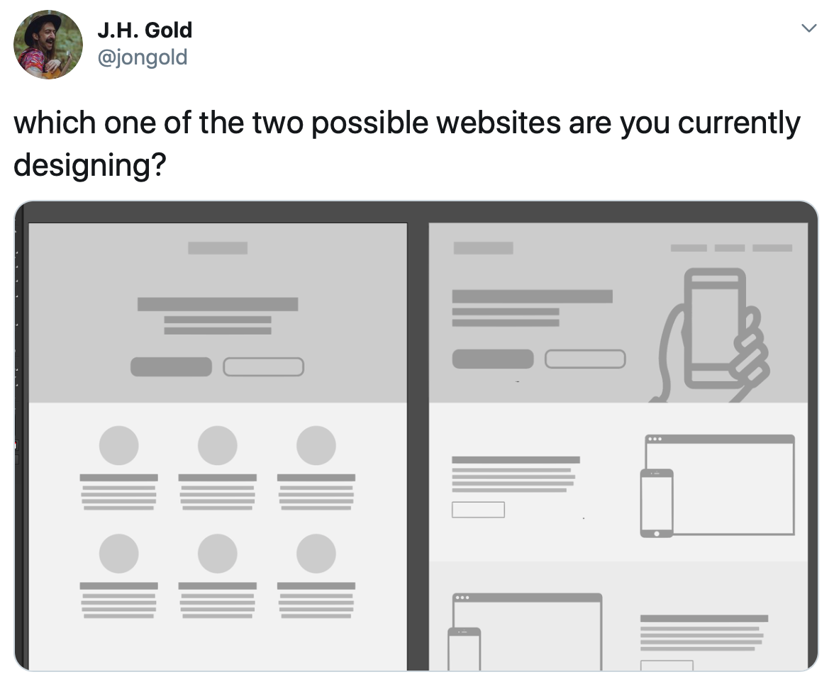 tweet. It reads: Wich of these two websites are you currently designing? Accompanied by a picture of two very common web structures
